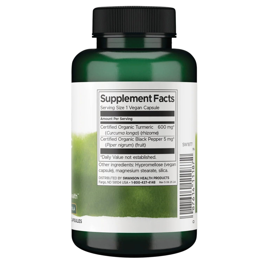 Swanson turmeric and black pepper bottle label close-up highlighting organic vegan non-GMO features.