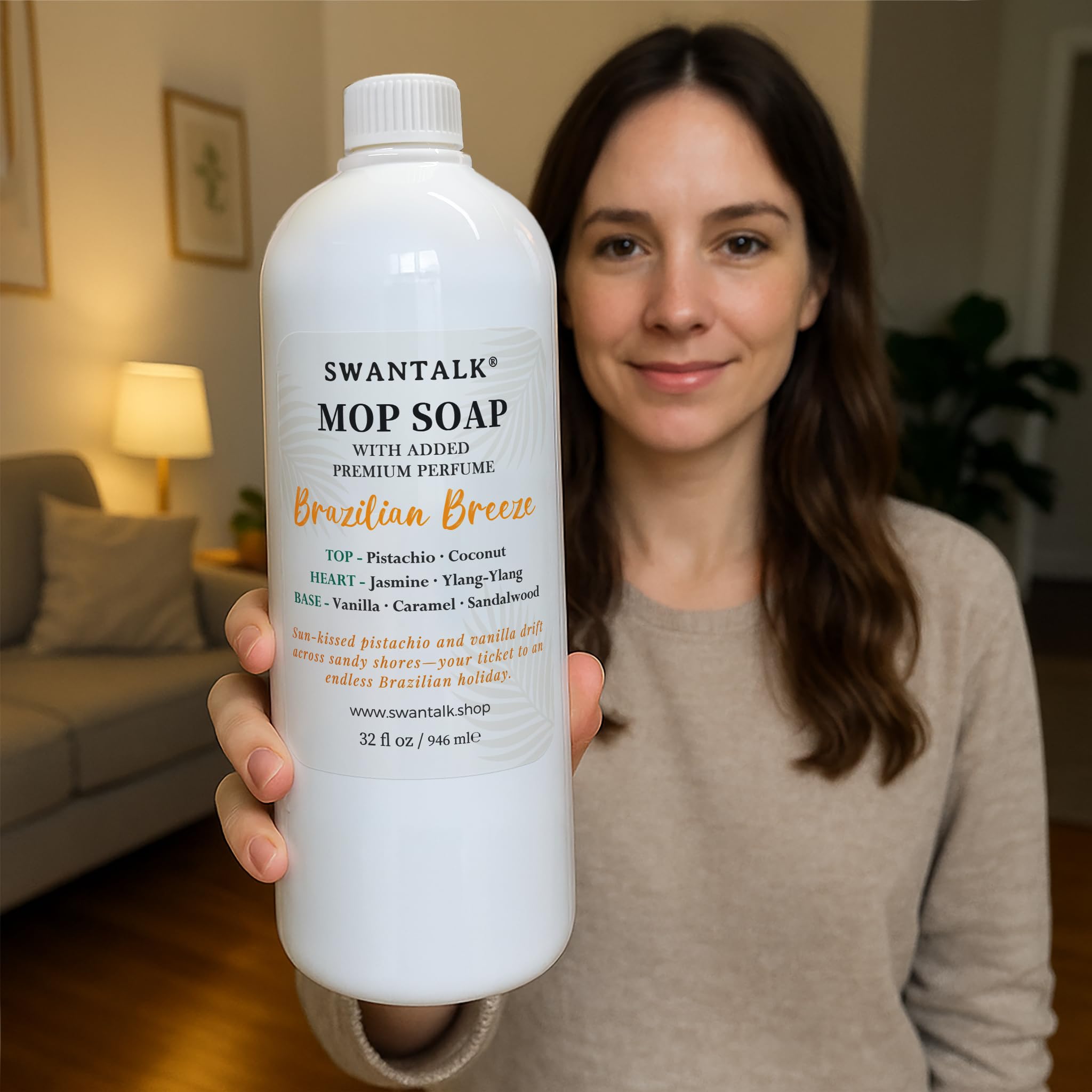 SWANTALK Mop Soap Island Coconut bottle highlighting tropical aroma,