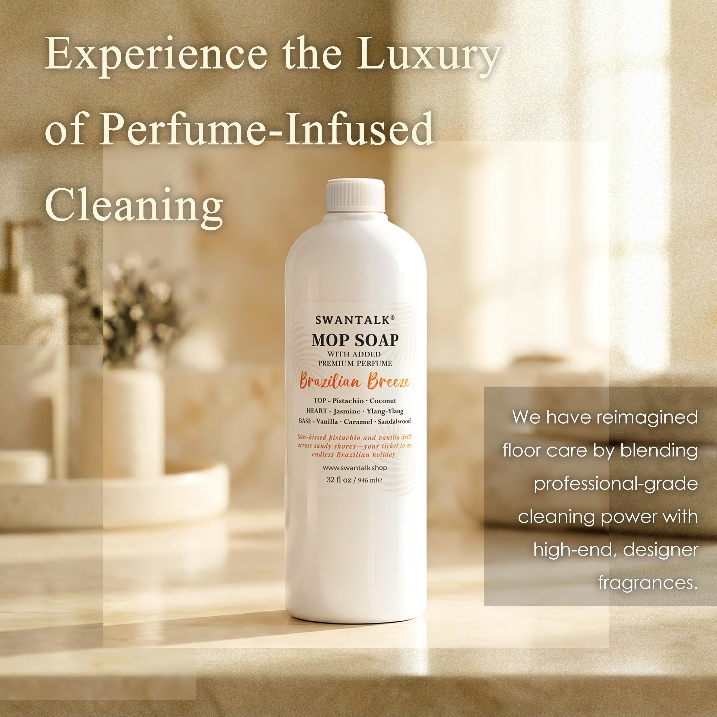SWANTALK Mop Soap Pacific Linen bottle emphasizing clean fresh scent,