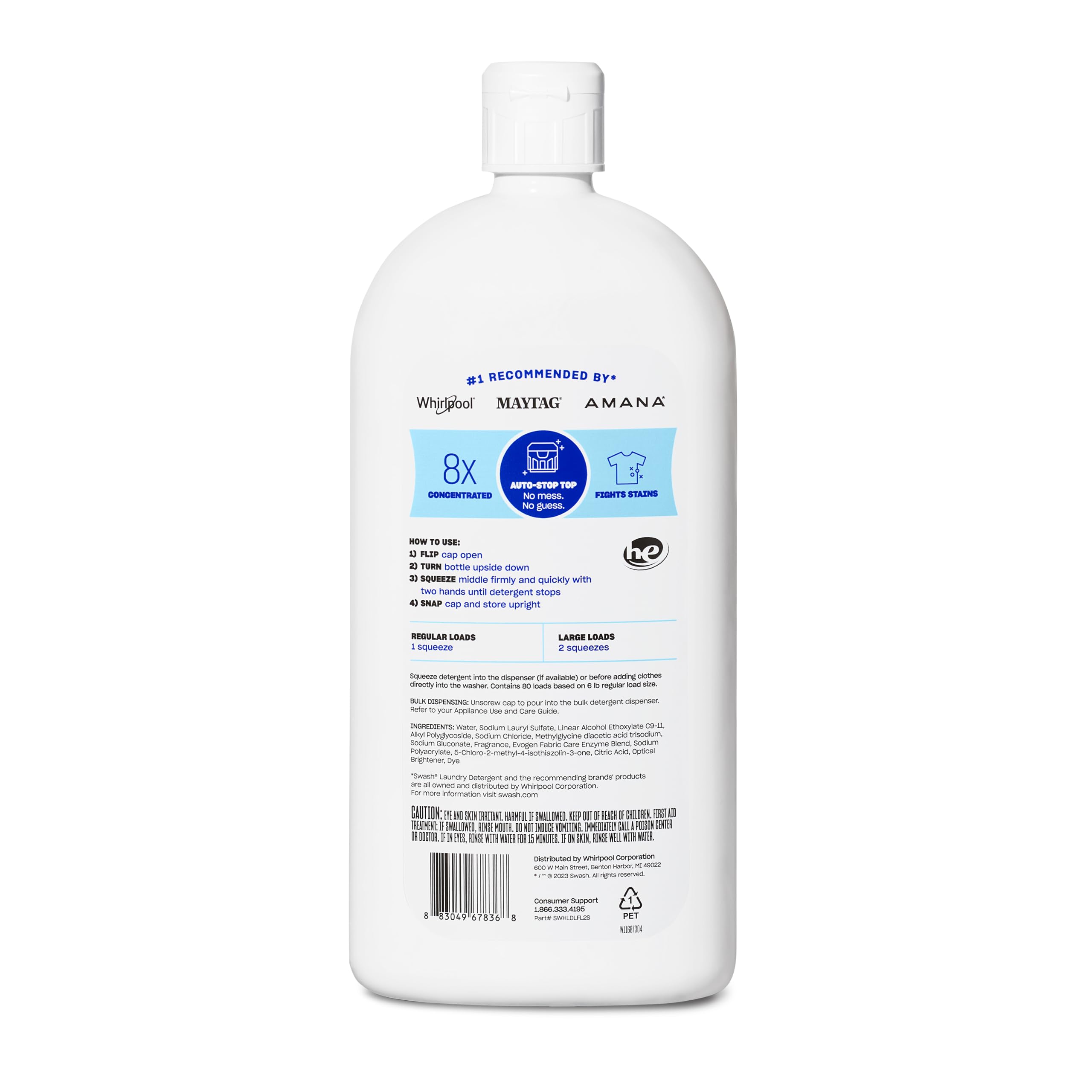 Swash Smells Like Clean Laundry bottle-pour highlights precise dosing and reduced waste.