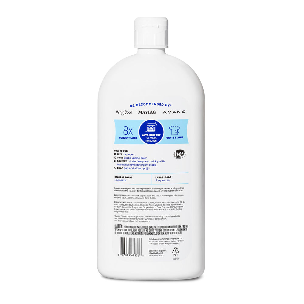 Swash Smells Like Clean Laundry bottle-pour highlights precise dosing and reduced waste.