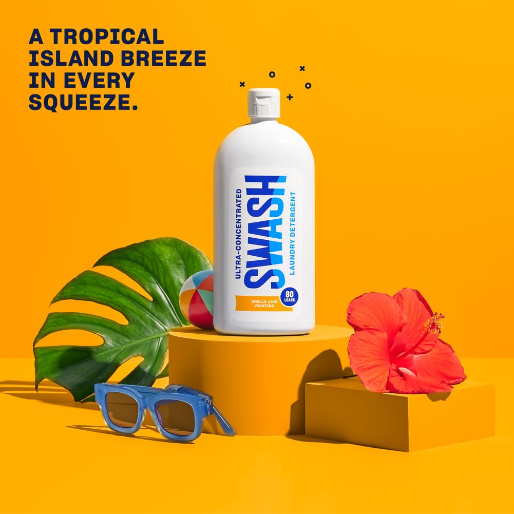 SWASH Smells Like Vacation auto-stop top image communicates mess-free, no-guess dosing.