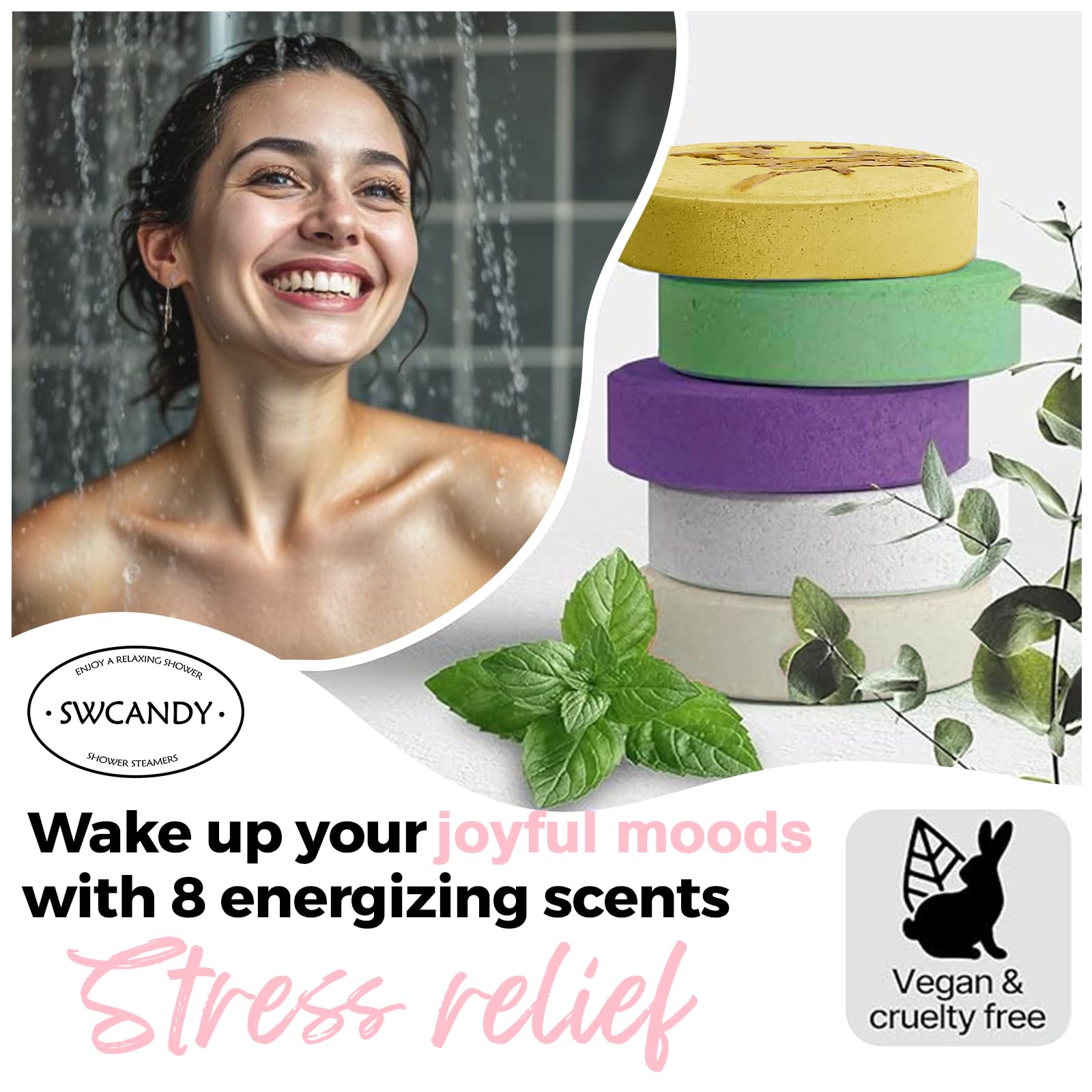 SWCANDY steamers dissolving in shower releasing fragrance during a relaxing morning routine.