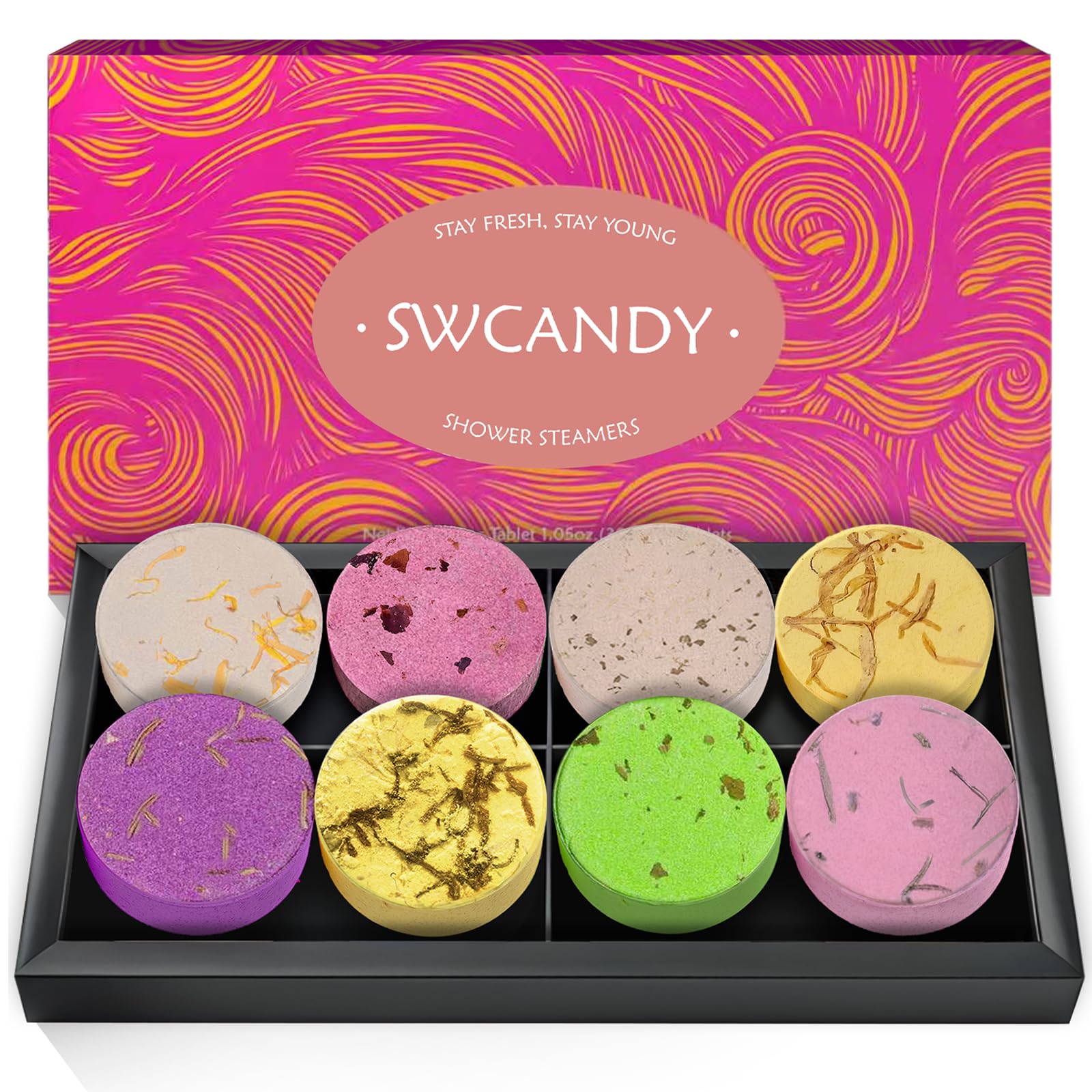 SWCANDY shower steamers packaging front, ideal gift-ready presentation.