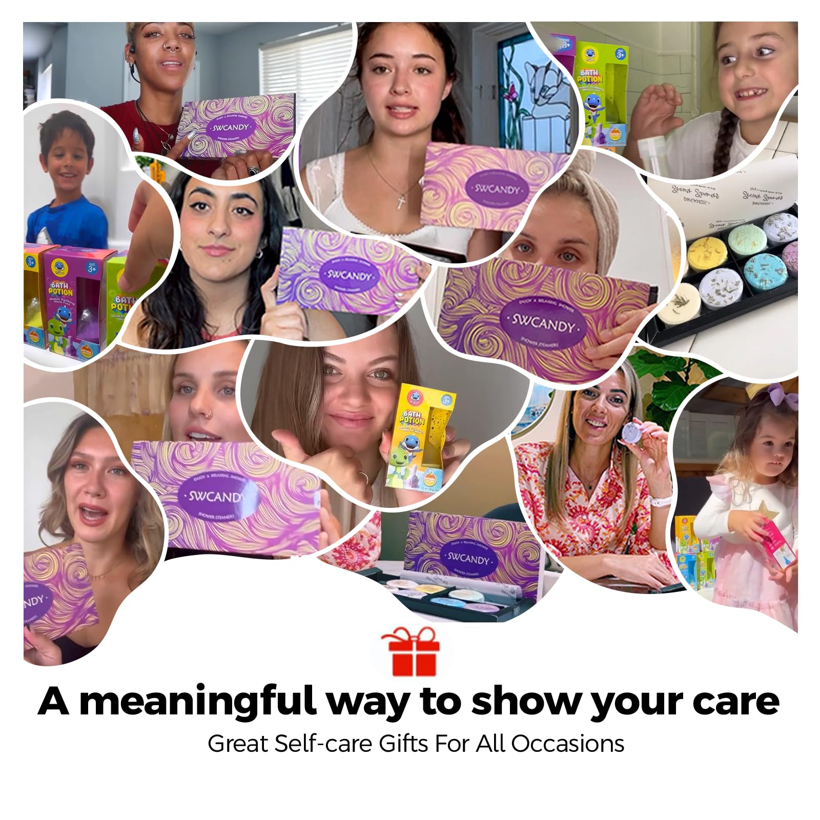 SWCANDY shower scene shows steamers releasing fragrance under running water.