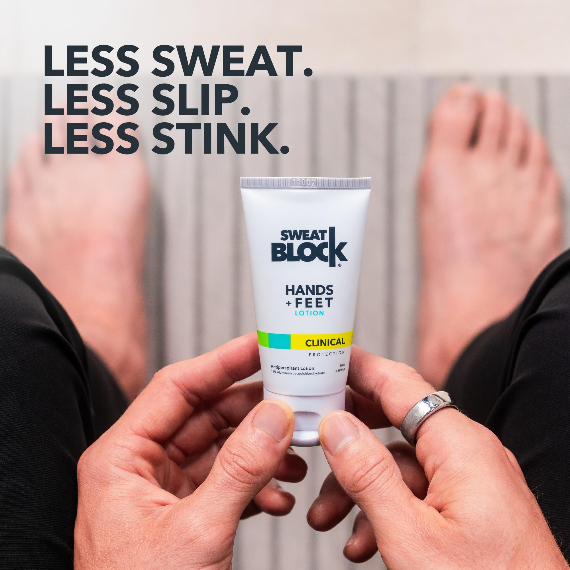 Pea-sized dose of SweatBlock lotion ready for precise application on hands or feet.