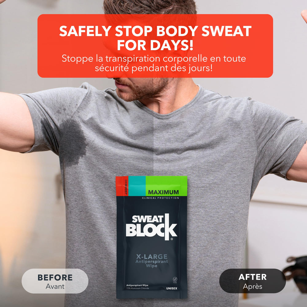 SweatBlock body wipes in use on underarm for targeted moisture control.