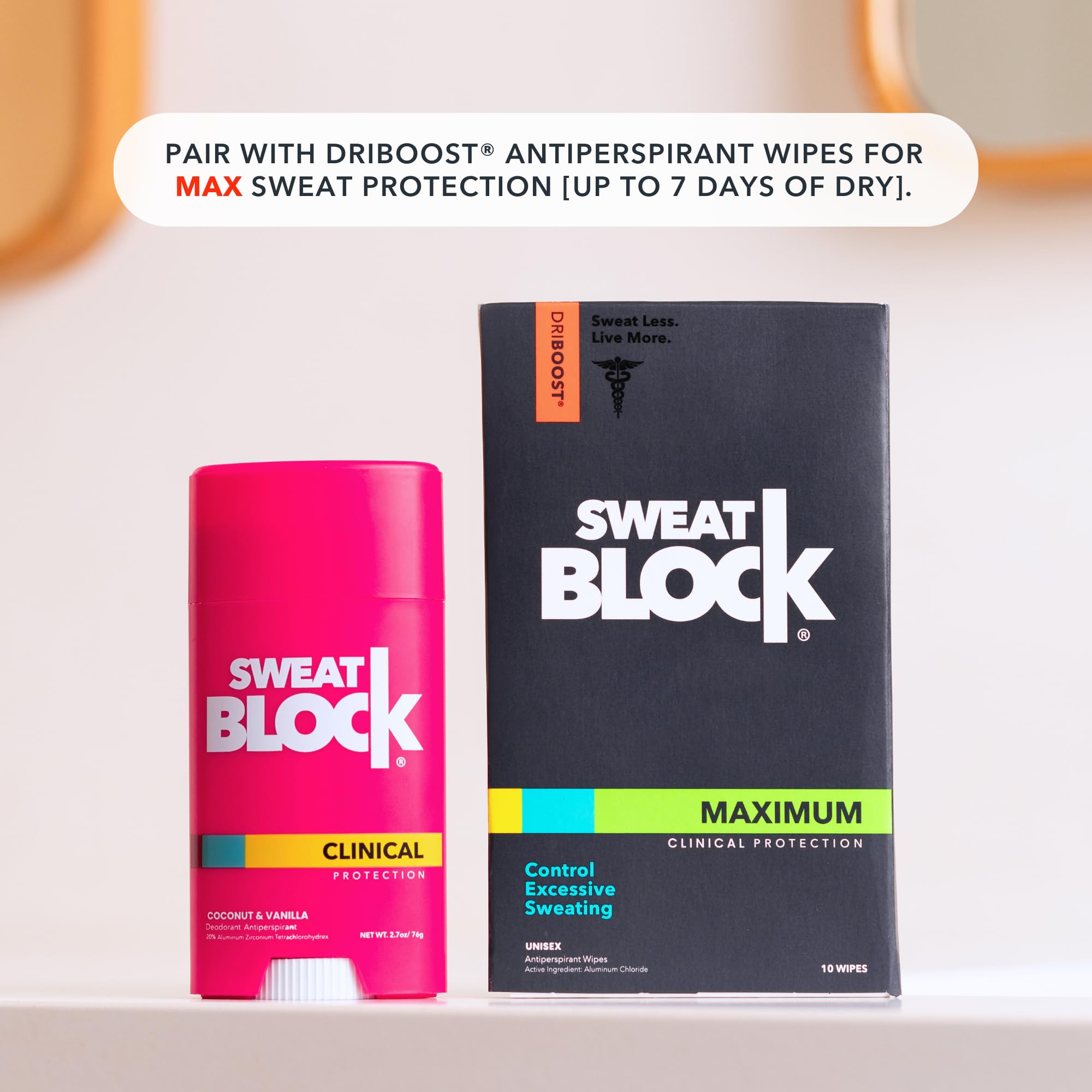 SweatBlock brand logo with product shot and coconut-vanilla cues.