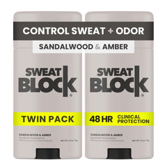 SweatBlock clinical-strength deodorant stick with sandalwood-amber scent for daily protection.