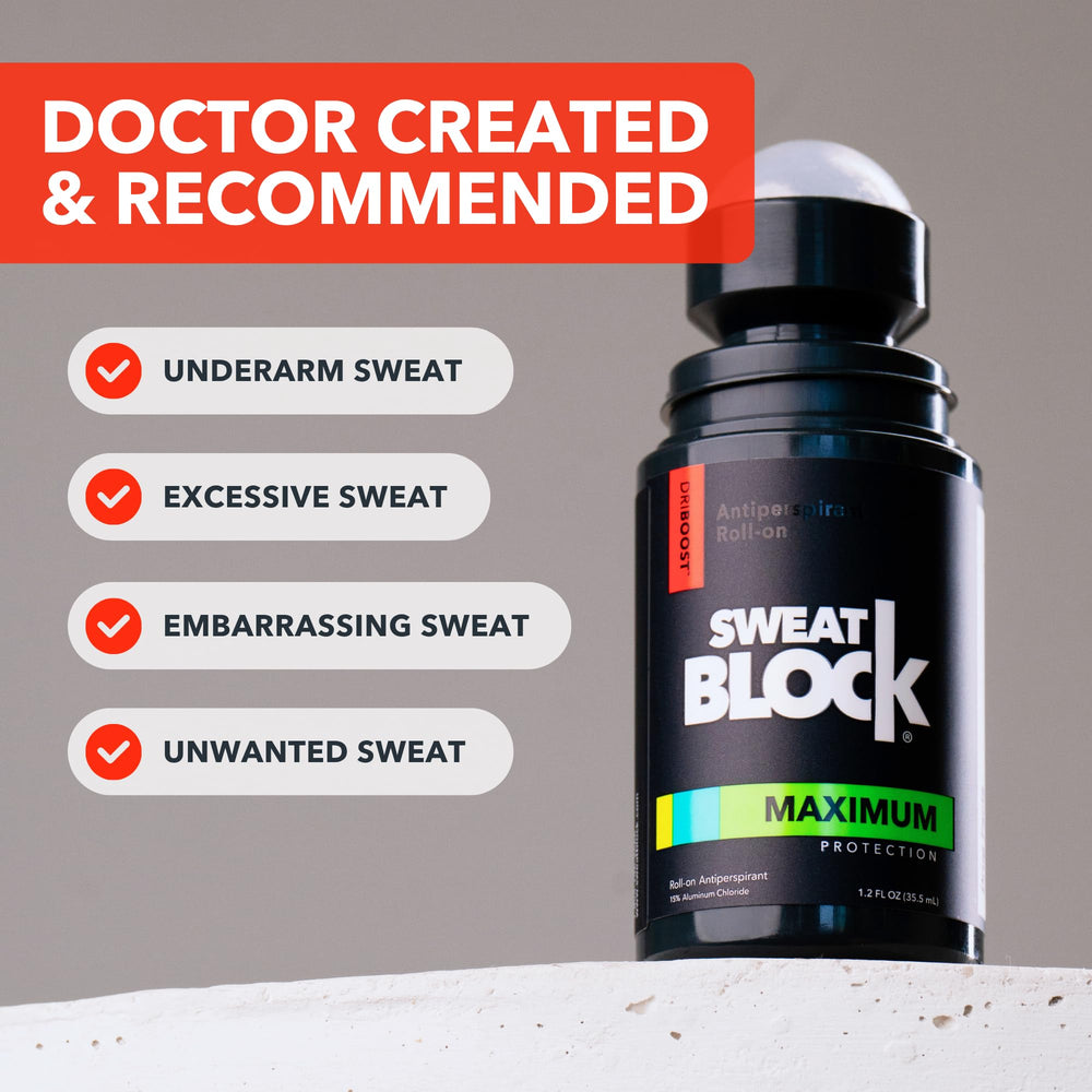 SweatBlock label-closeup highlights dermatologist-recommended aluminum chloride formula.
