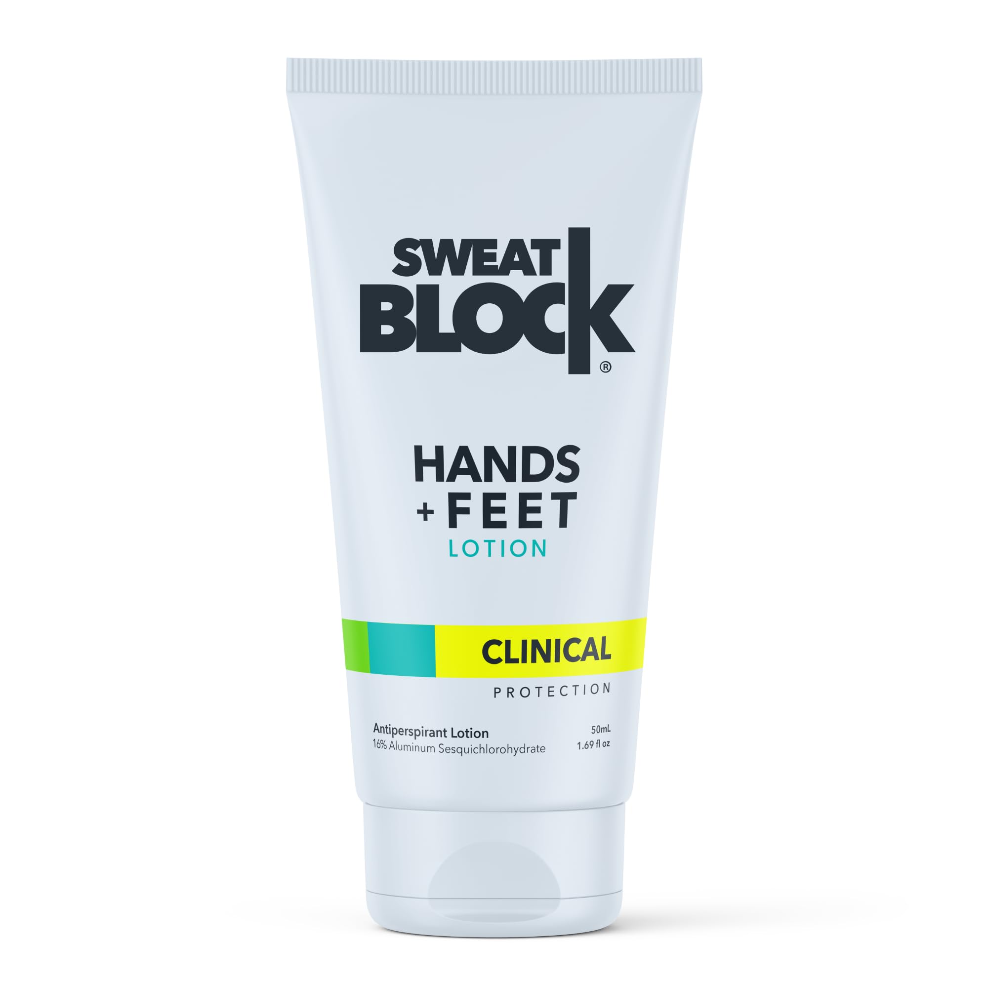 SweatBlock hand lotion bottle showing clinical-strength protection for dry palms.