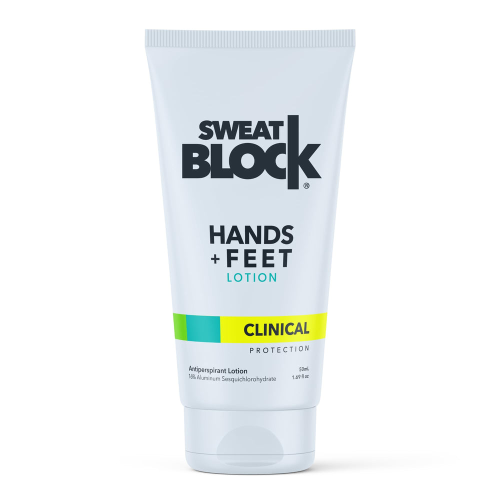 SweatBlock hand lotion bottle showing clinical-strength protection for dry palms.