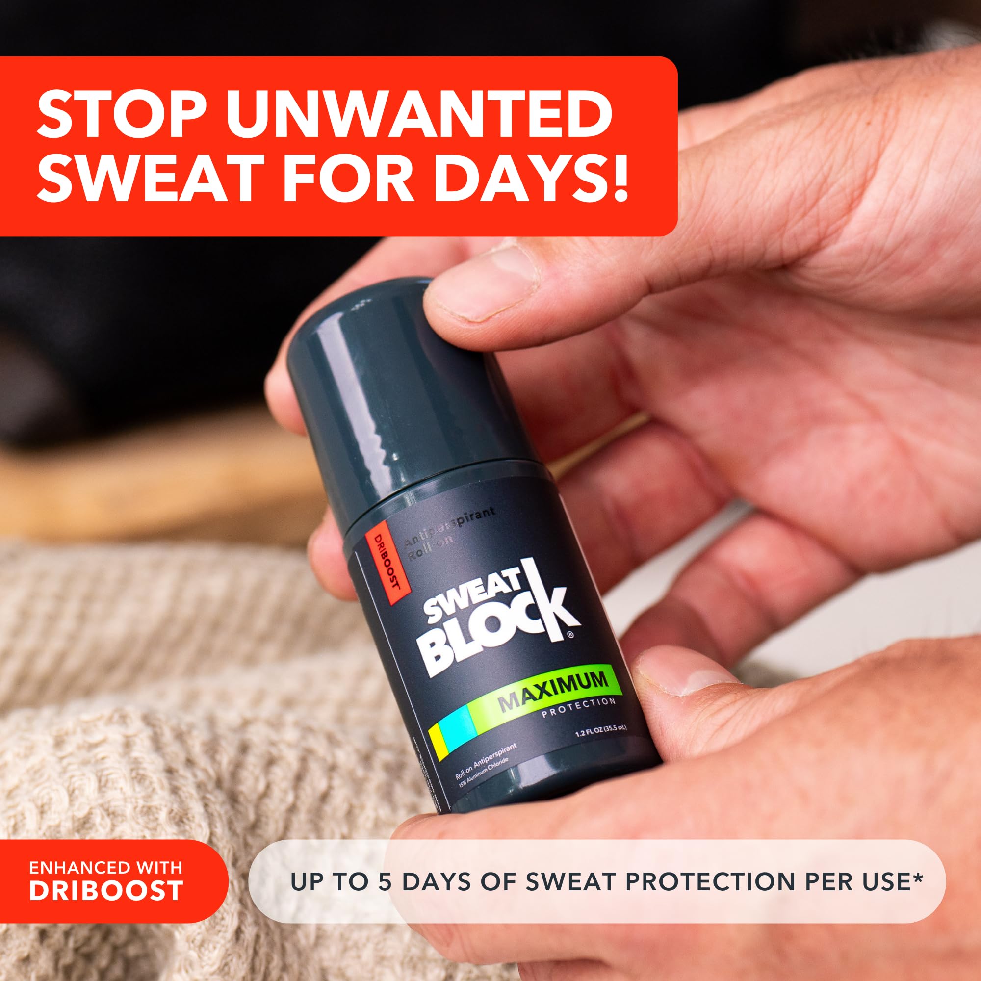 SweatBlock night-application scene demonstrates overnight dryness and odor protection.
