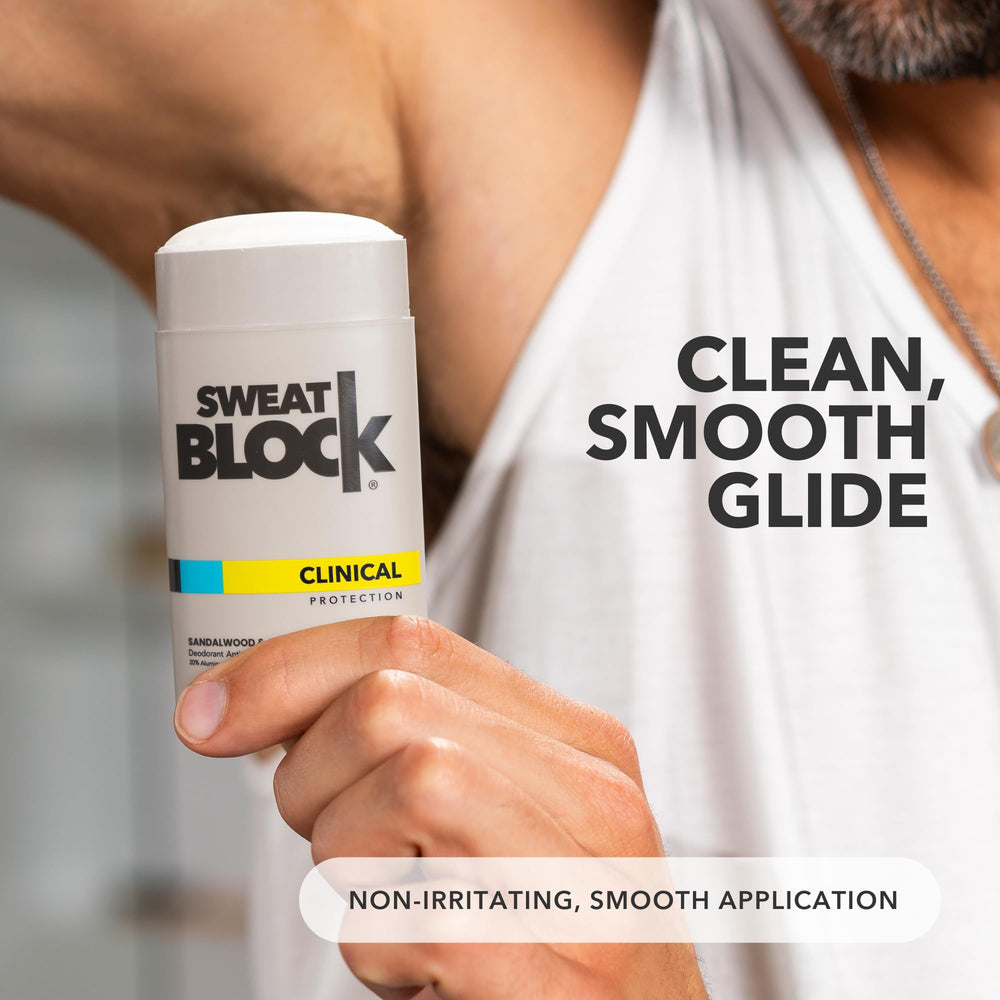Close-up of SweatBlock sandalwood-amber fragrance note on the surface.
