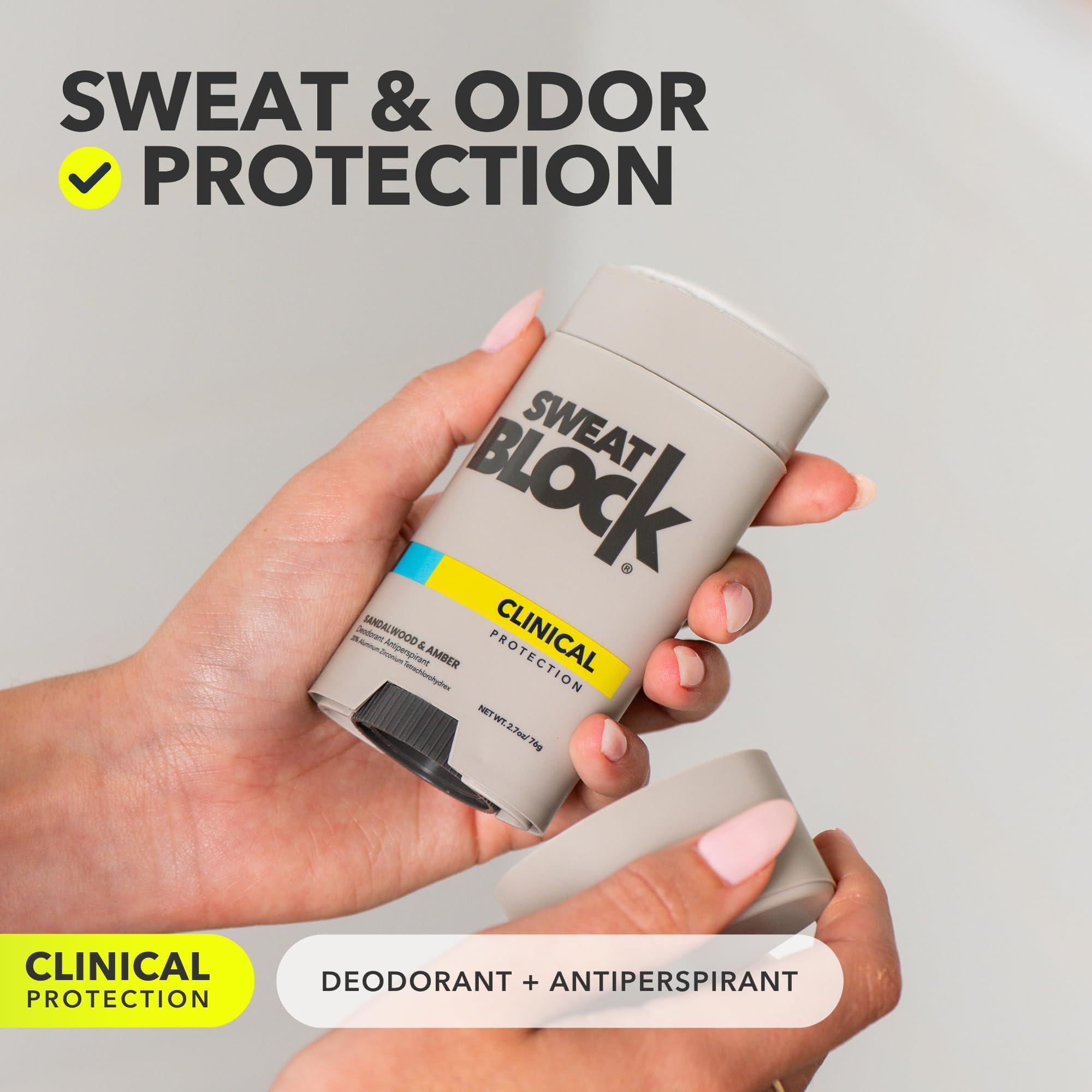 SweatBlock sandalwood and amber fragrance for daily freshness.