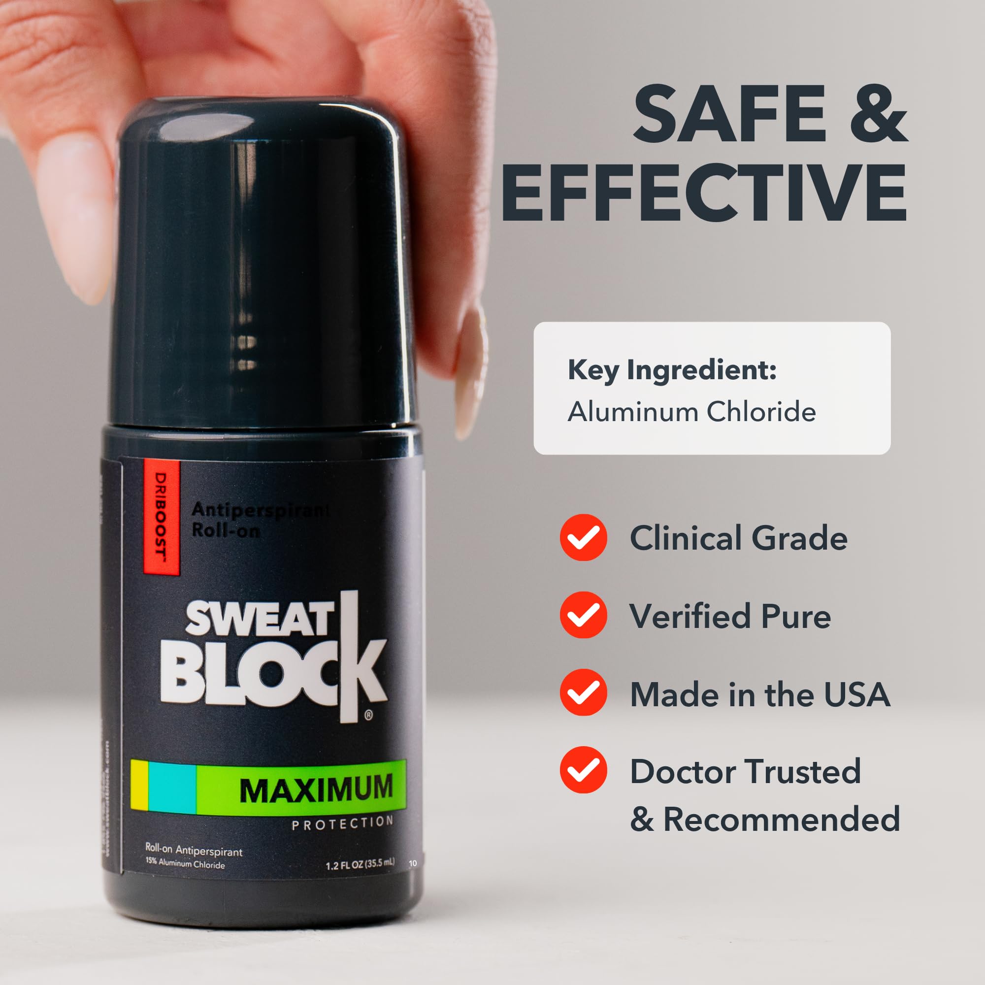 SweatBlock USA-made packaging emphasizes safety and quality.