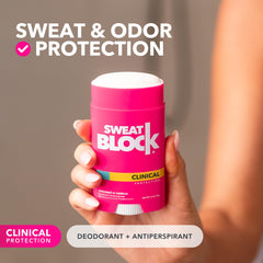 Application shot of SweatBlock coconut-vanilla deodorant for daily use.