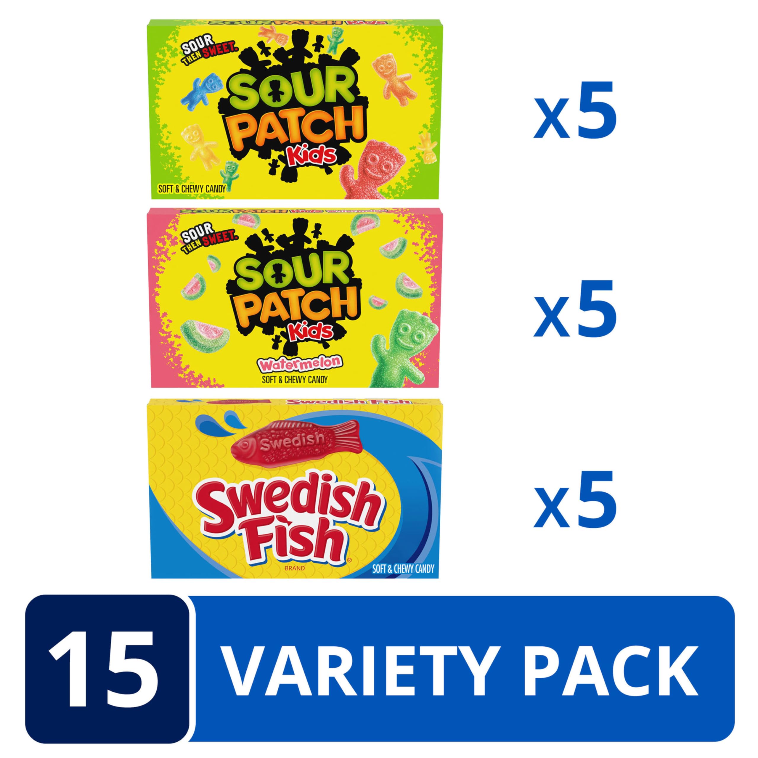 SWEDISH FISH candy box, front view, playful fruity chews for on-the-go