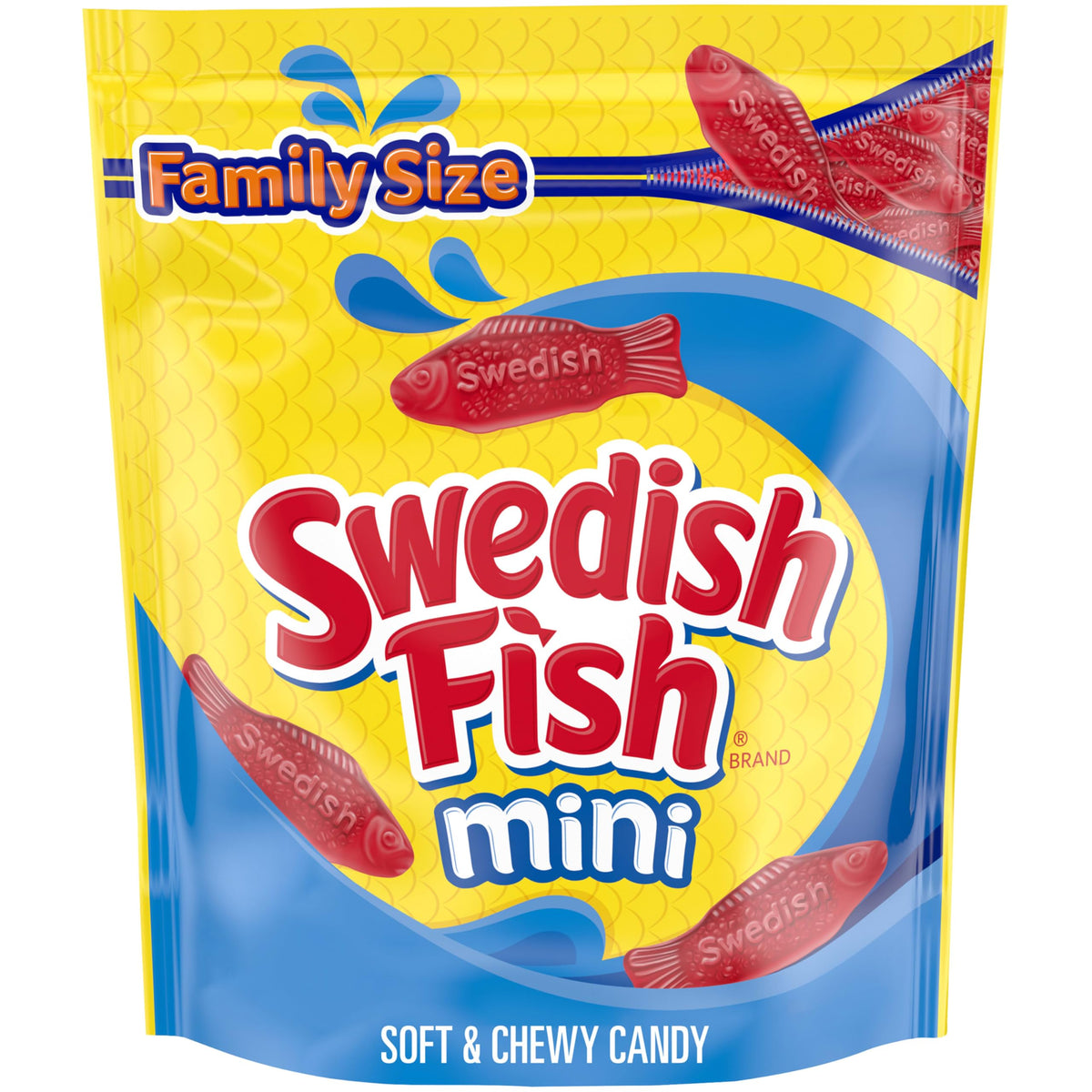 Swedish Fish Mini bag front view showing bite-sized gummies for on-the-go snacking