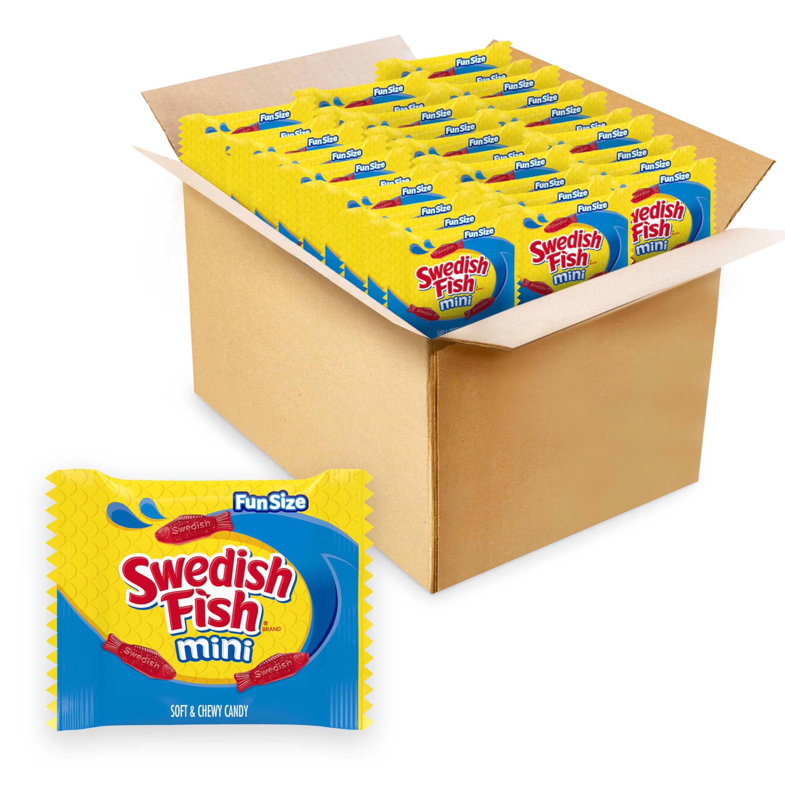Swedish Fish Mini candy pack closeup for shareable snacking.