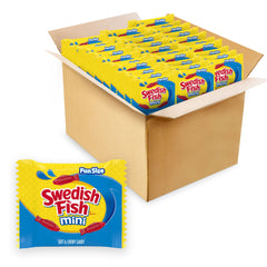 Swedish Fish Mini candy pack closeup for shareable snacking.