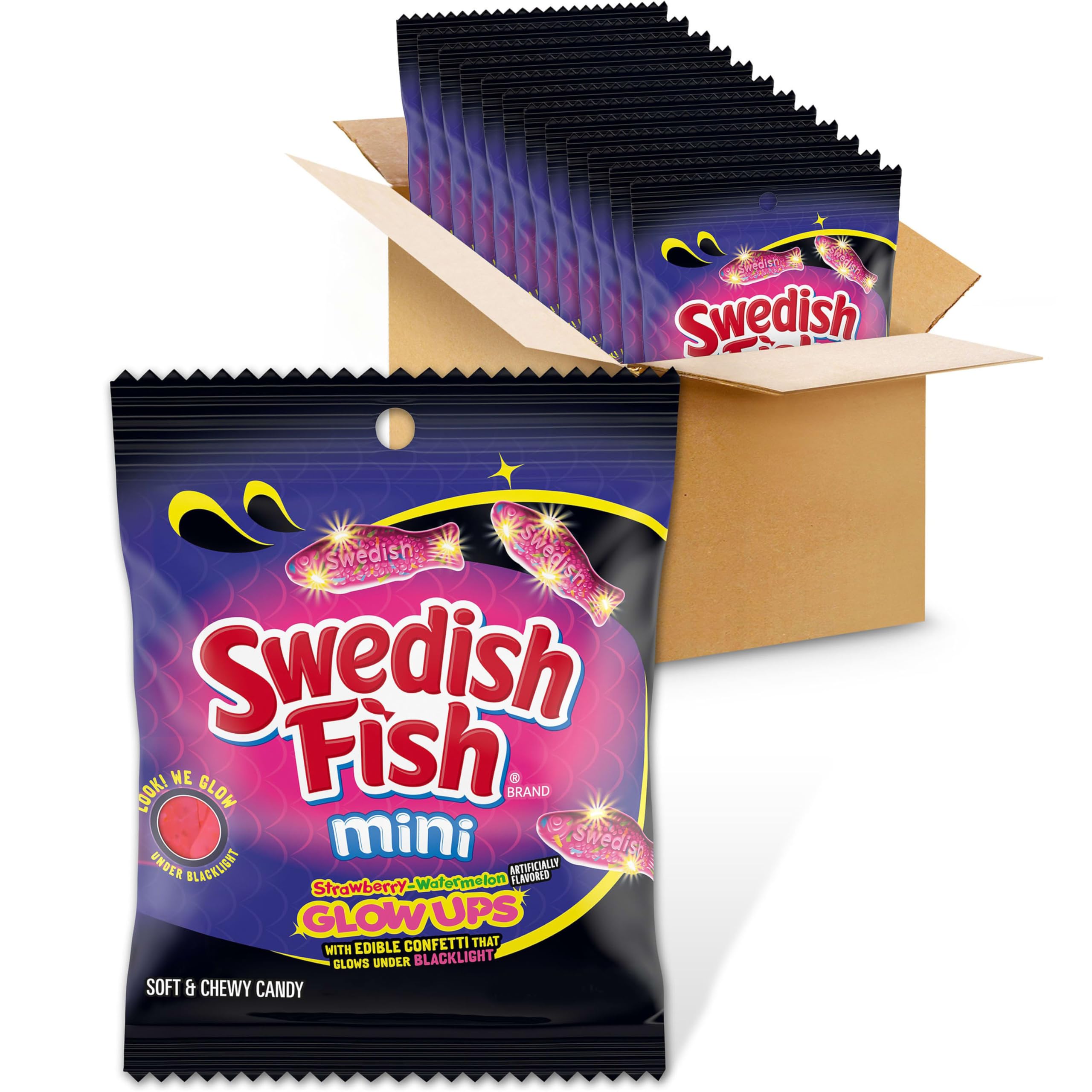 SWEDISH FISH Mini Glow Ups glow confetti gummies under blacklight for party moments