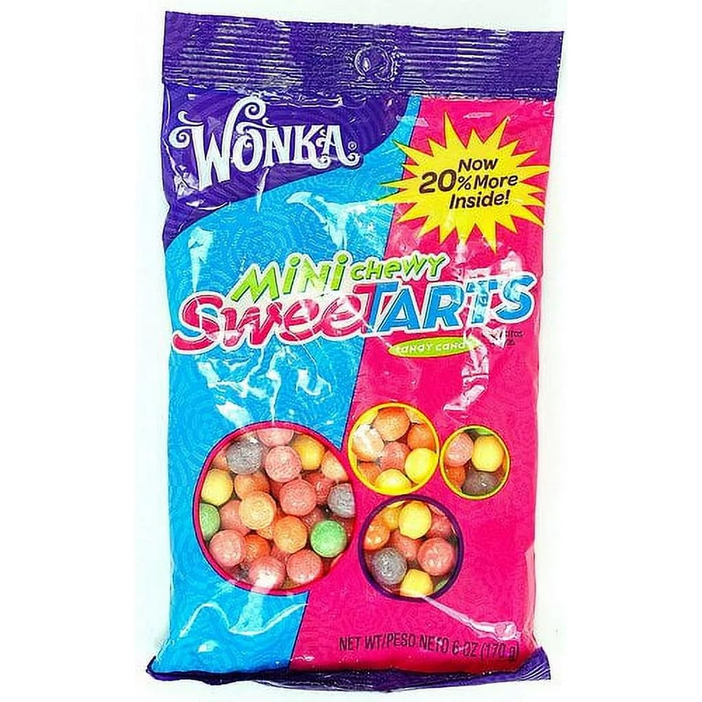 SweeTARTS Mini Chewy Candy mixed fruit bag shows tangy, bite-sized treats ideal for on-the-go snacking.