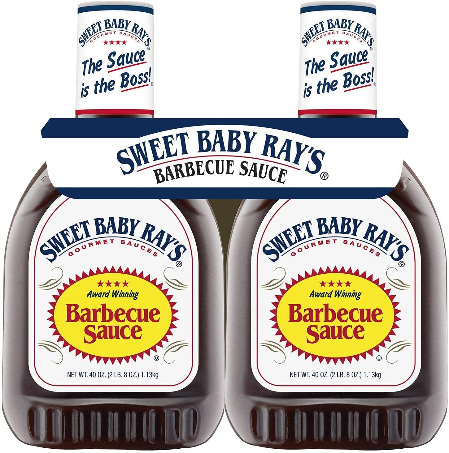 Sweet Baby Ray's barbecue sauce 40 oz bottle two-pack being poured for grilling.