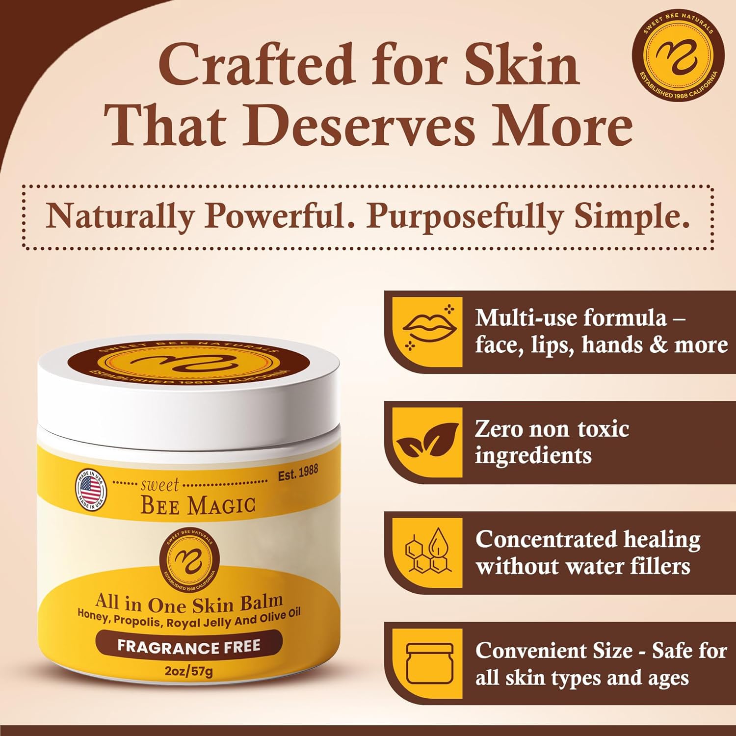 Close-up of the Sweet Bee Naturals honey balm jar with golden texture.