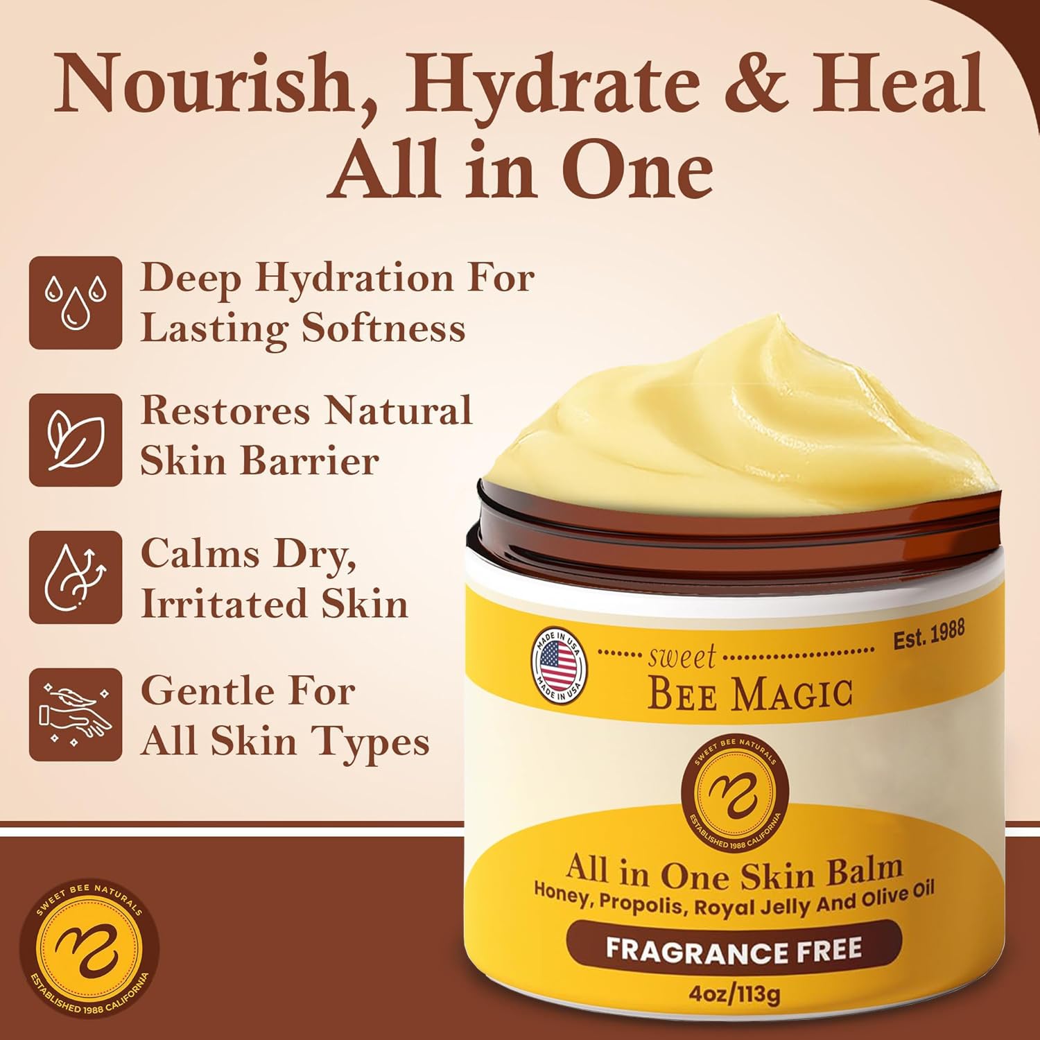 Sweet Bee Naturals honey and propolis-infused formula shown close-up.