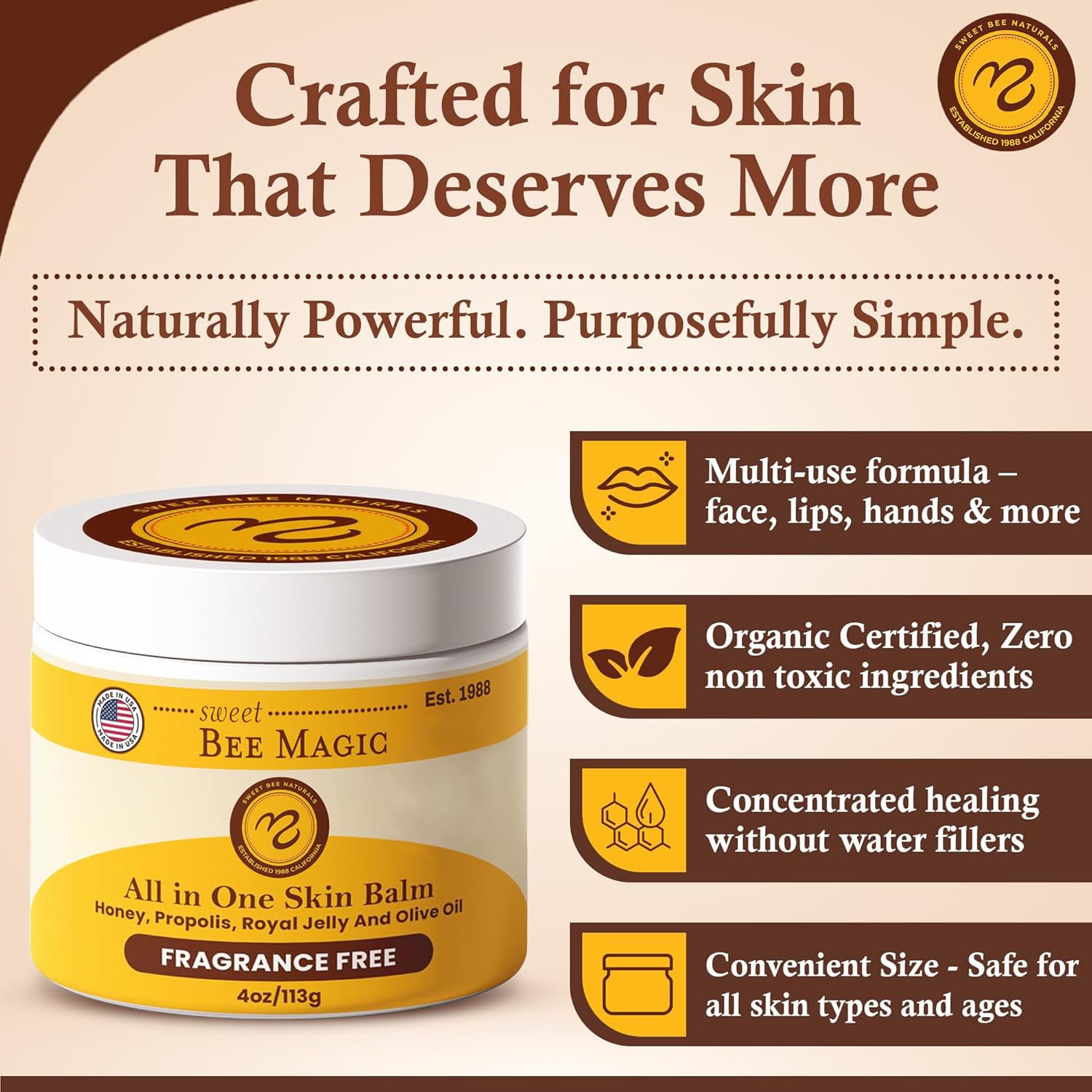 Sweet Bee Naturals propolis-rich balm texture close-up supports radiant-looking skin.