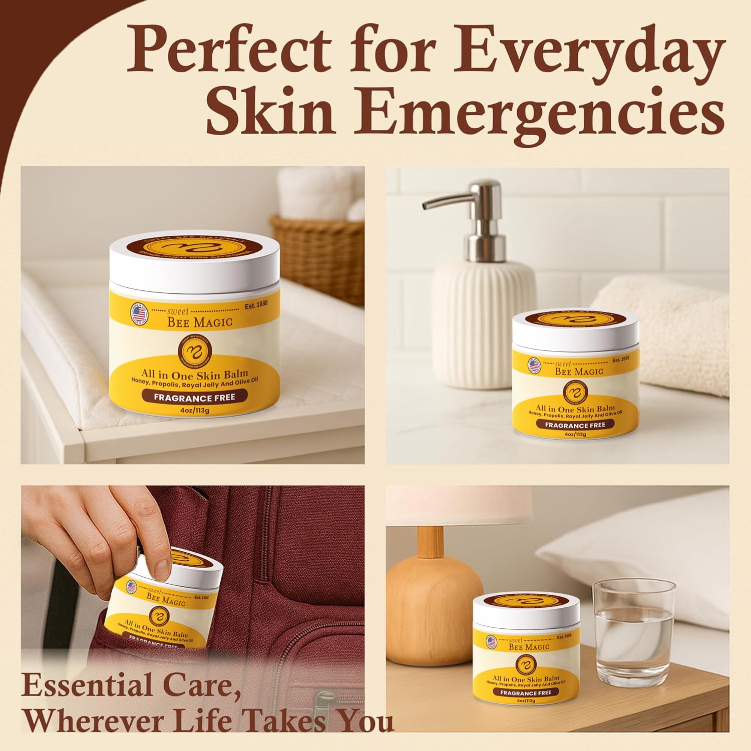 Sweet Bee Naturals USA-made small-batch balm packaging emphasizes premium natural skincare.