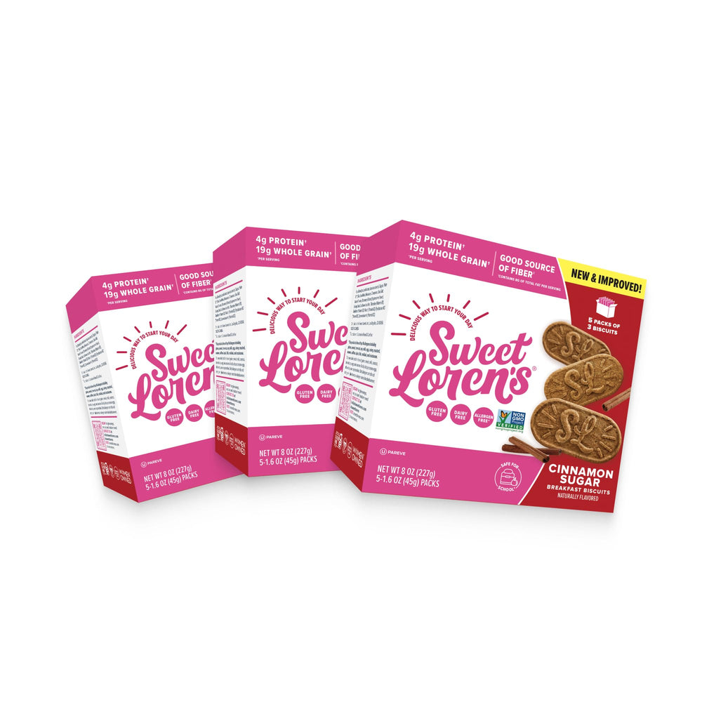 Sweet Loren’s biscuits on a shelf next to cereal for everyday breakfast.