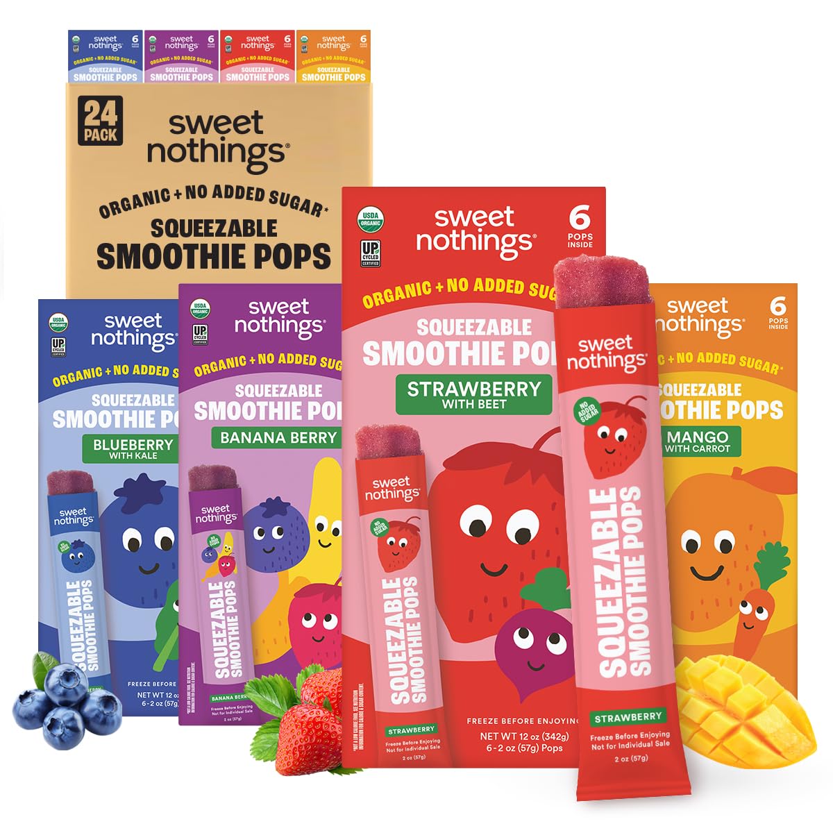 Sweet Nothings 24-pack display of organic kids squeezable smoothies for easy snack time