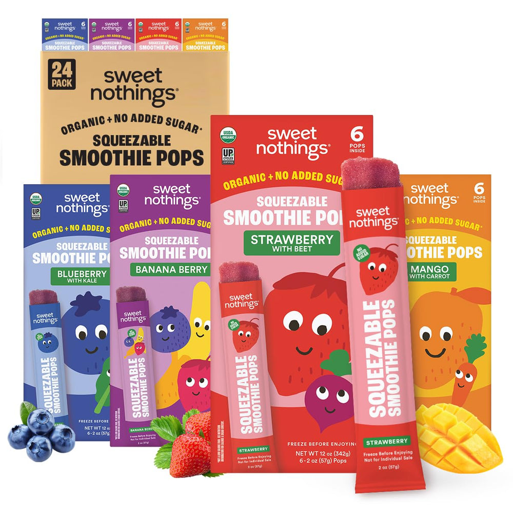 Sweet Nothings 24-pack display of organic kids squeezable smoothies for easy snack time