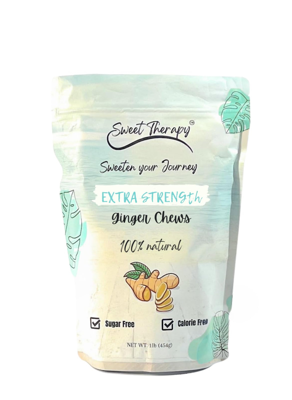 Sweet Therapy Ginger Chews pack shot showing a travel-ready sugar-free snack
