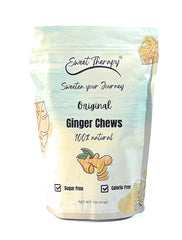 Sweet Therapy Ginger Chews packaging highlights real ginger and zero sugar.