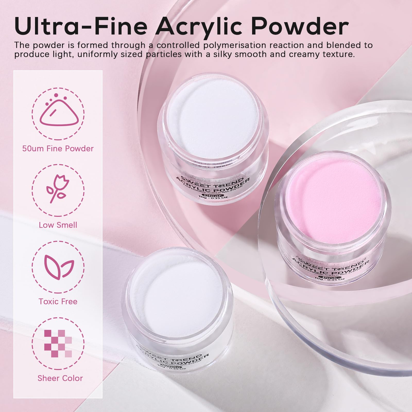 Sweet Trend ultrafine acrylic powders 20g in clear, white, and pink for blends