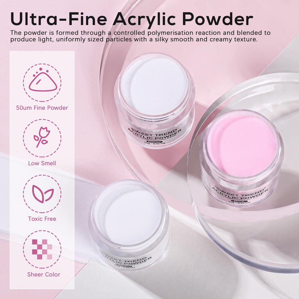 Sweet Trend ultrafine acrylic powders 20g in clear, white, and pink for blends