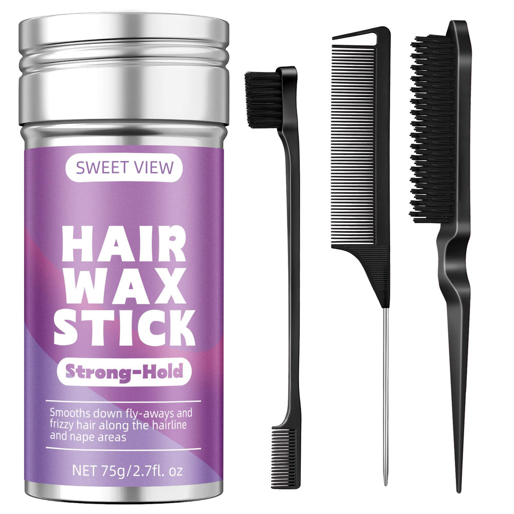 Sweet View Hair Wax Stick in use to tame flyaways for a neat ponytail.