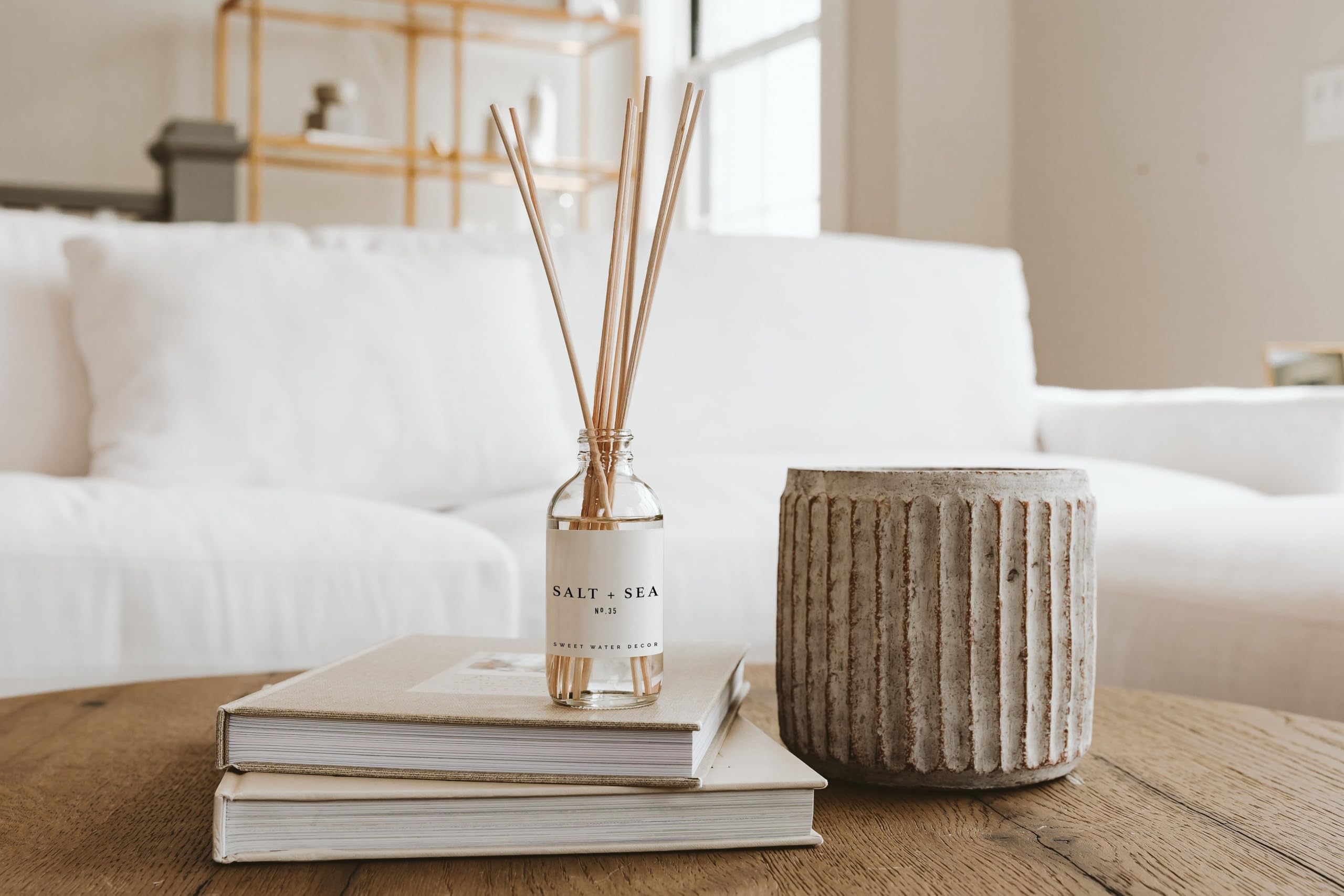 Sweet Water Decor small-footprint diffuser in a cozy bathroom corner.