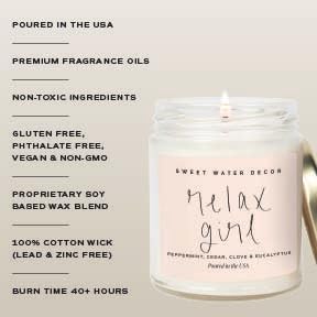 Sweet Water Decor Relax Girl candle with gold lid adds stylish decor to any room.