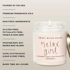 Sweet Water Decor Relax Girl candle with gold lid adds stylish decor to any room.