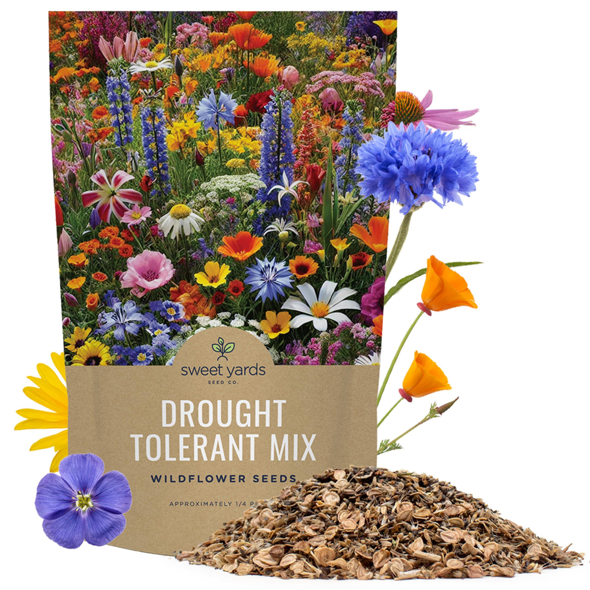 Sweet Yards drought-tolerant wildflowers mix seeds in bulk bag for vibrant dryland borders