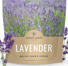 Sweet Yards lavender seeds packet closeup for pollinator-friendly borders.