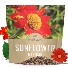 SWEET YARDS Mexican Sunflower seeds in an extra large packet for easy garden coverage.