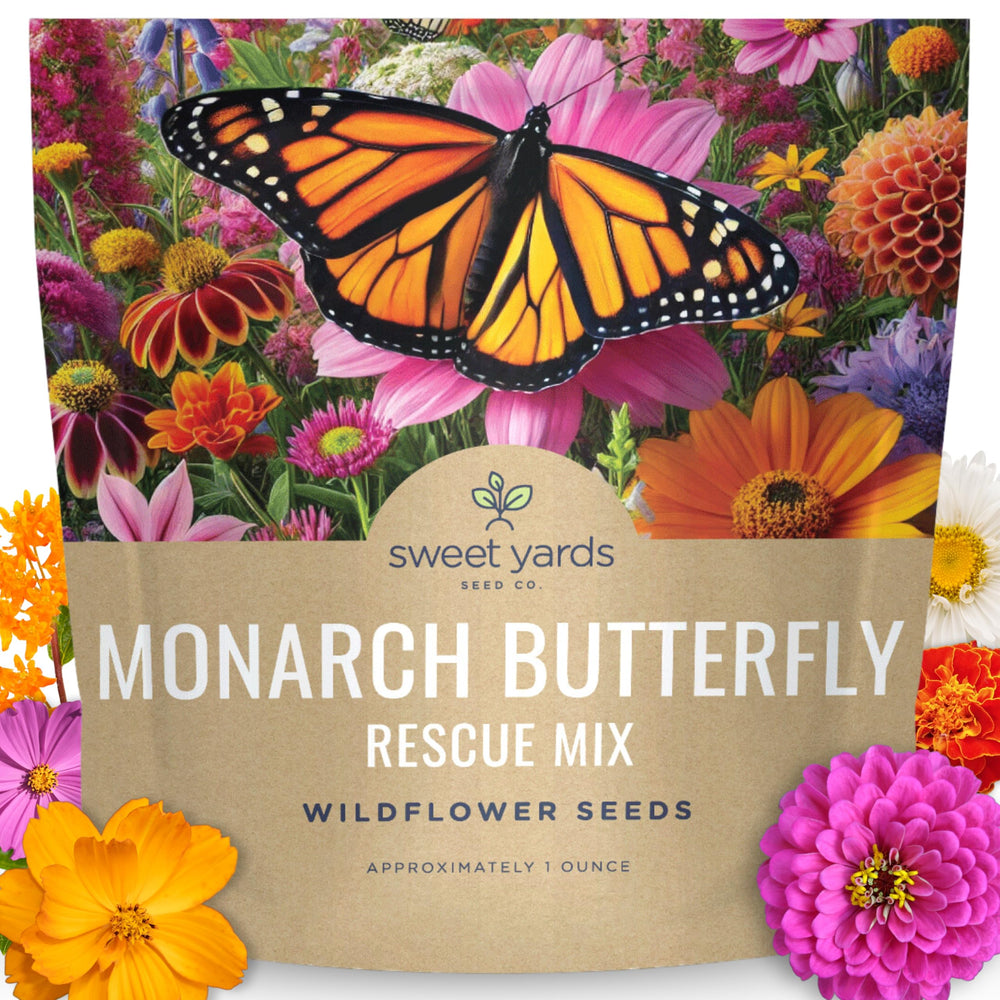 Sweet Yards Monarch Butterfly Rescue Mix 1oz packet ready for planting to attract pollinators.