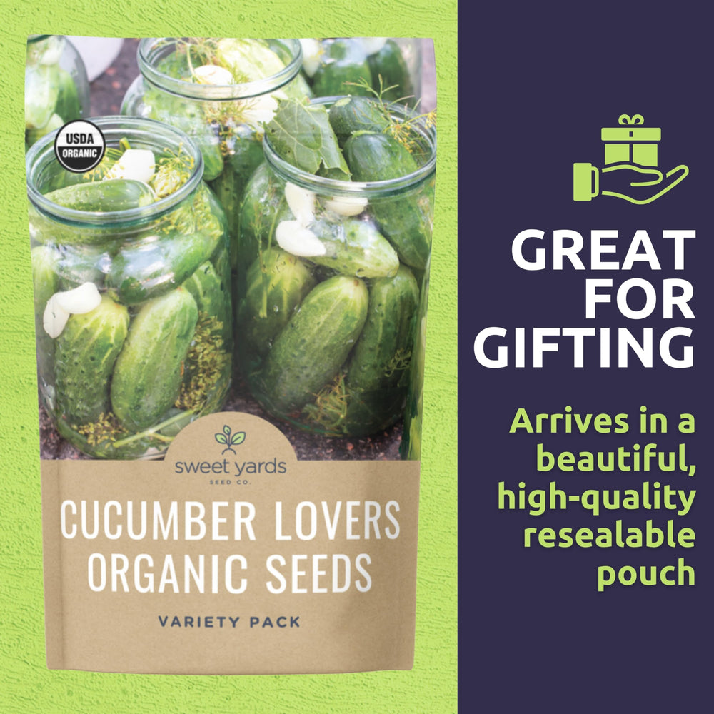 Sweet Yards Organic seed packaging image emphasizing premium storage and planting readiness.