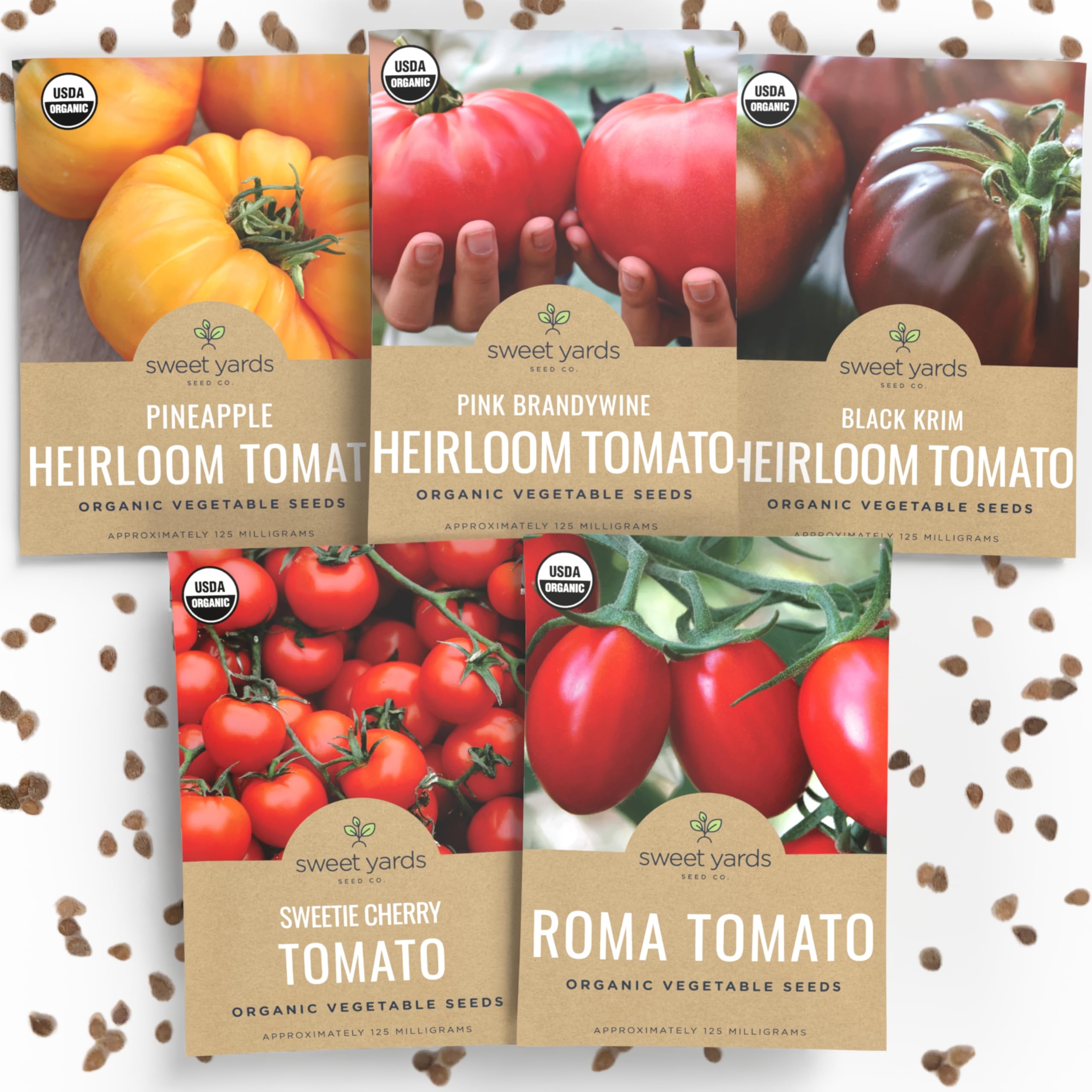 Sweet Yards organic tomato seed packaging shown for gifting and storage.