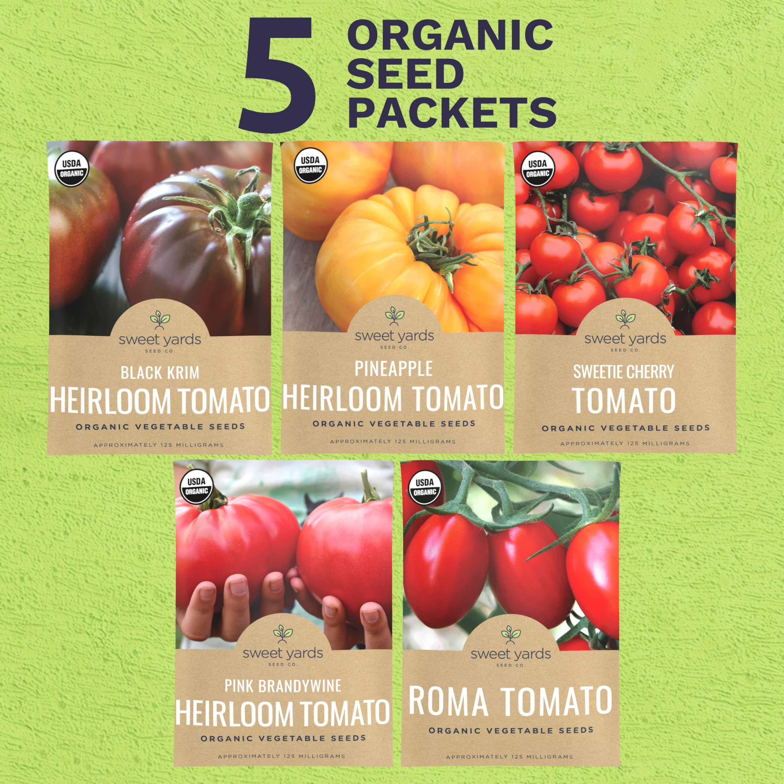 Sweet Yards Roma tomato seeds ready for indoor and outdoor planting.